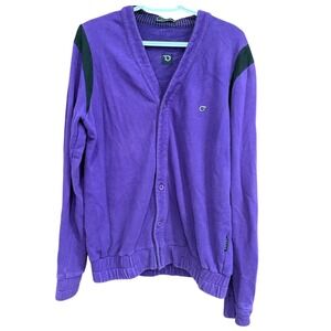 Orisue Cardigan Sweater Mens Large Purple‎ Black Trim V-Neck Knit Casual